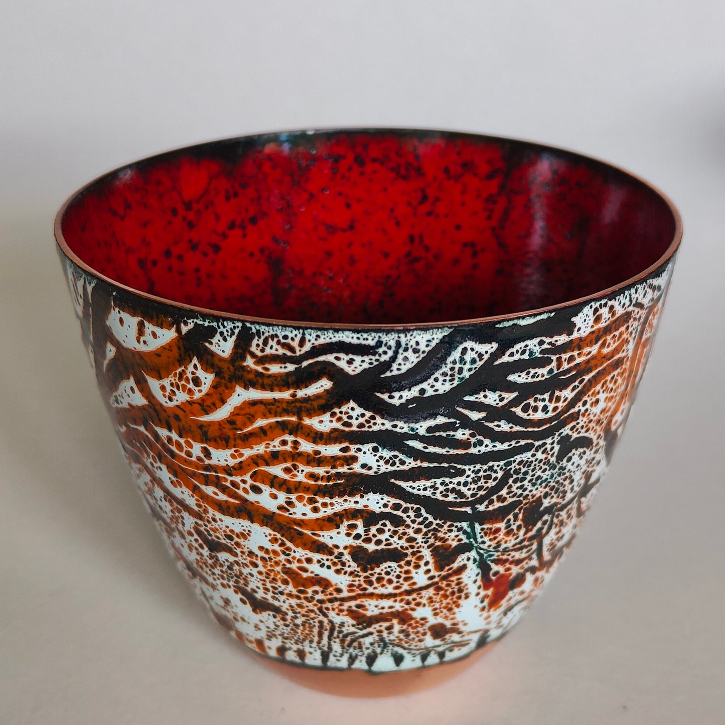 Autumnal trees and flock of birds enamel on copper vessel