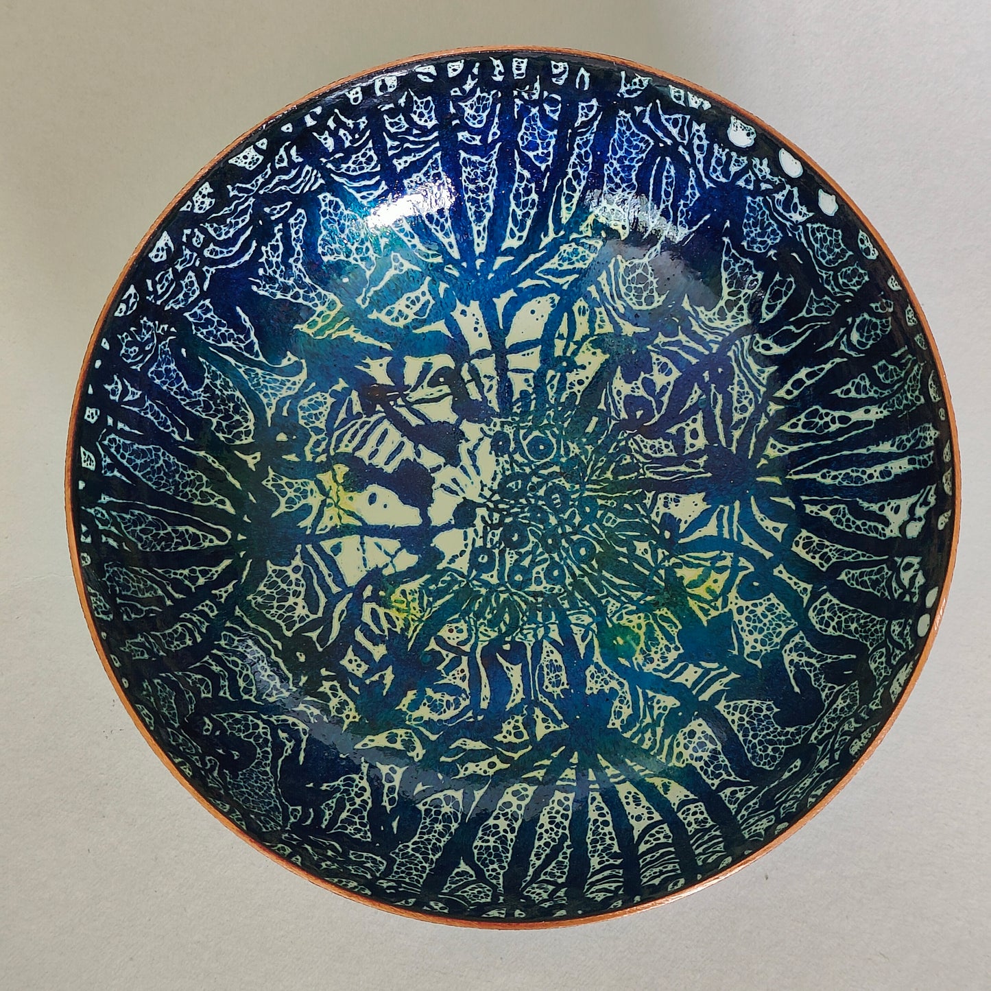 Cow parsley and foxgloves shallow enamel on copper bowl.