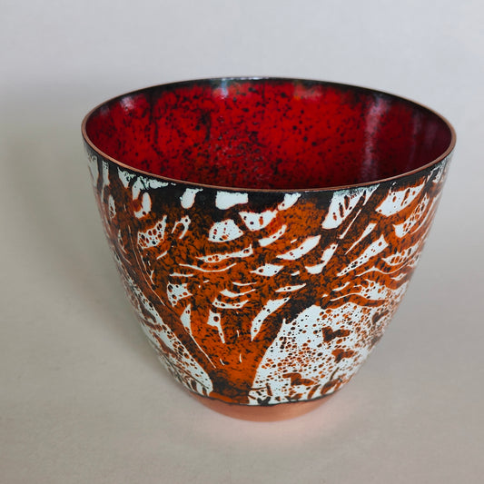 Autumnal trees and flock of birds enamel on copper vessel