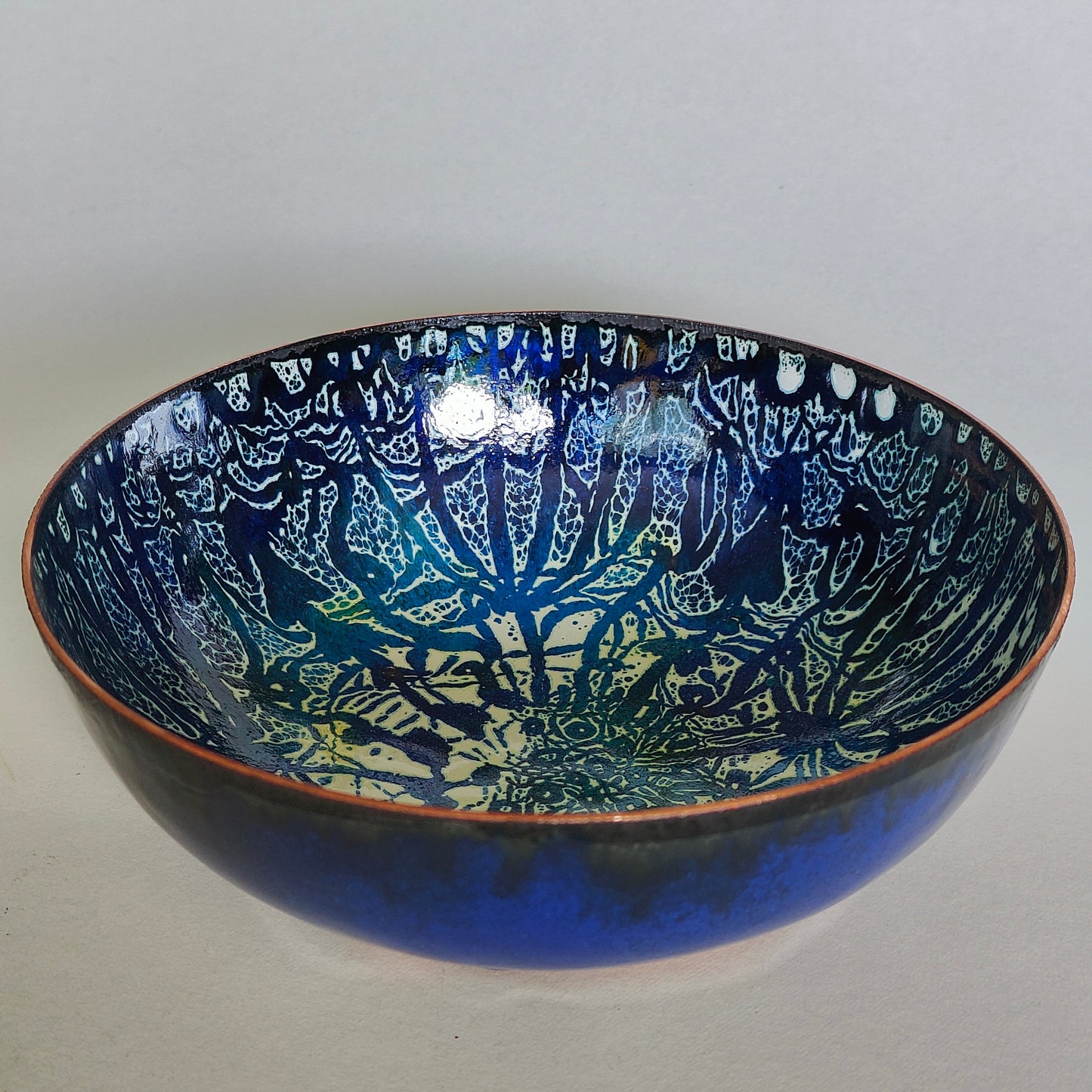 Cow parsley and foxgloves shallow enamel on copper bowl.