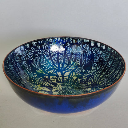 Cow parsley and foxgloves shallow enamel on copper bowl.