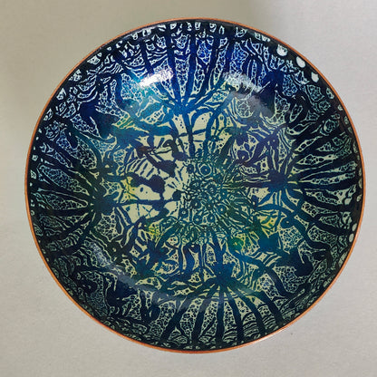 Cow parsley and foxgloves shallow enamel on copper bowl.